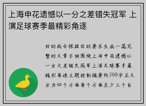 上海申花遗憾以一分之差错失冠军 上演足球赛季最精彩角逐